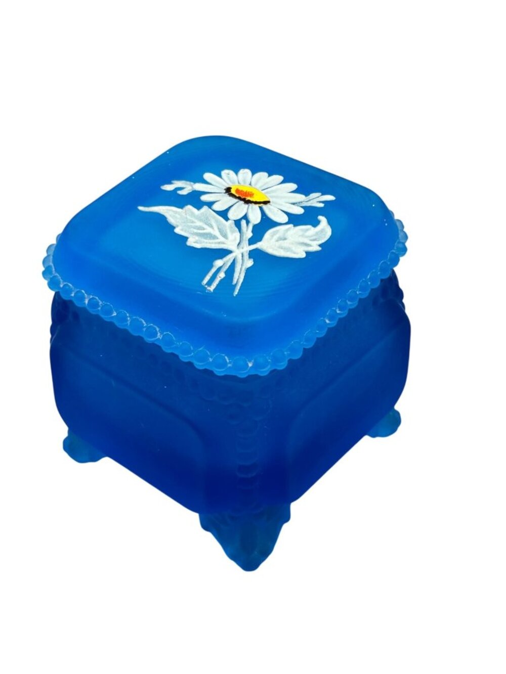 Vintage Trinket Jewelry Box Westmoreland Daisy Blue Mist Satin Glass Footed